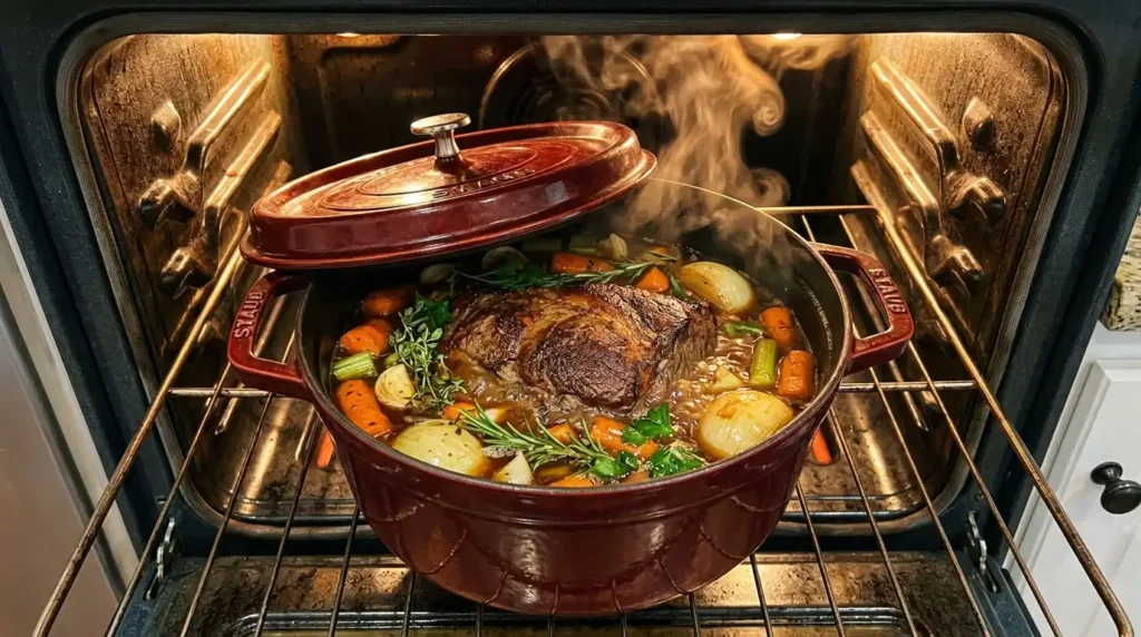 Cross rib roast braising in a Dutch oven with red wine, beef broth, carrots, and fresh herbs in the oven