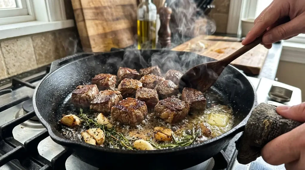 Searing sirloin steak bites in a cast iron skillet before adding to the crockpot