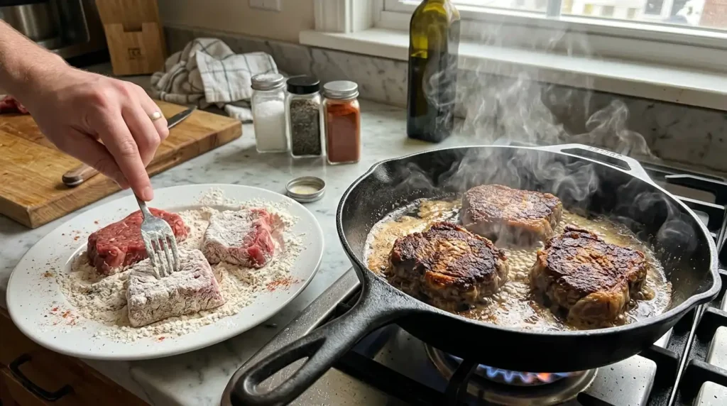 Dredging cube steaks in seasoned flour and searing in a hot skillet before adding to the crock pot