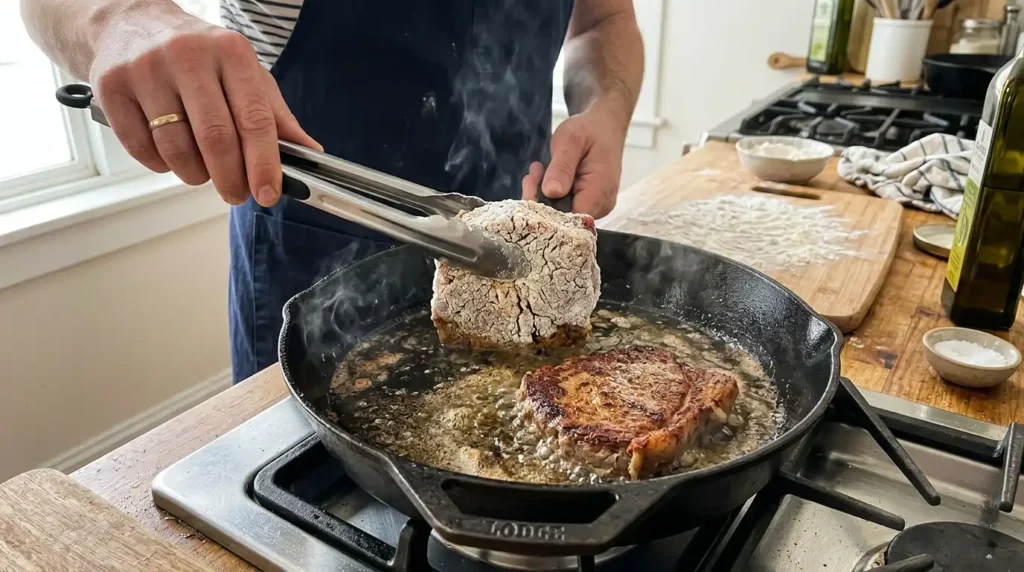 Searing cube steaks in a skillet before slow cooking