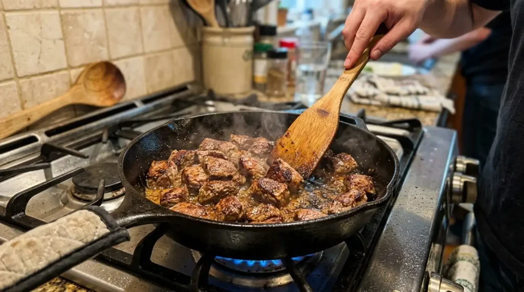 Searing garlic steak bites in a cast iron skillet