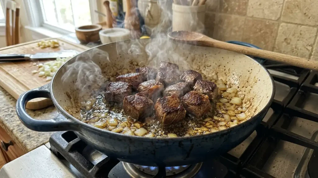 Searing chuck steak cubes in a Dutch oven before making steak chili