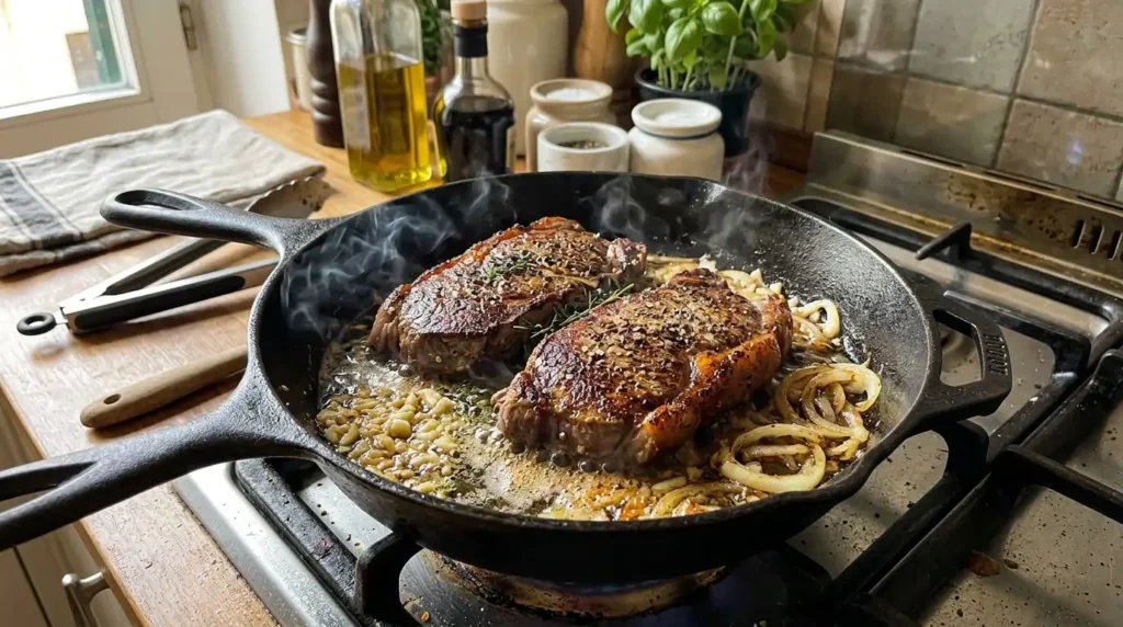 Searing sirloin steak in olive oil in a cast iron skillet for steak pizzaiola