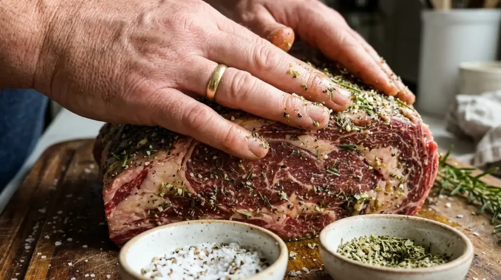 Rubbing cross rib roast with herb seasoning mixture of salt, pepper, garlic, rosemary, and thyme before roasting