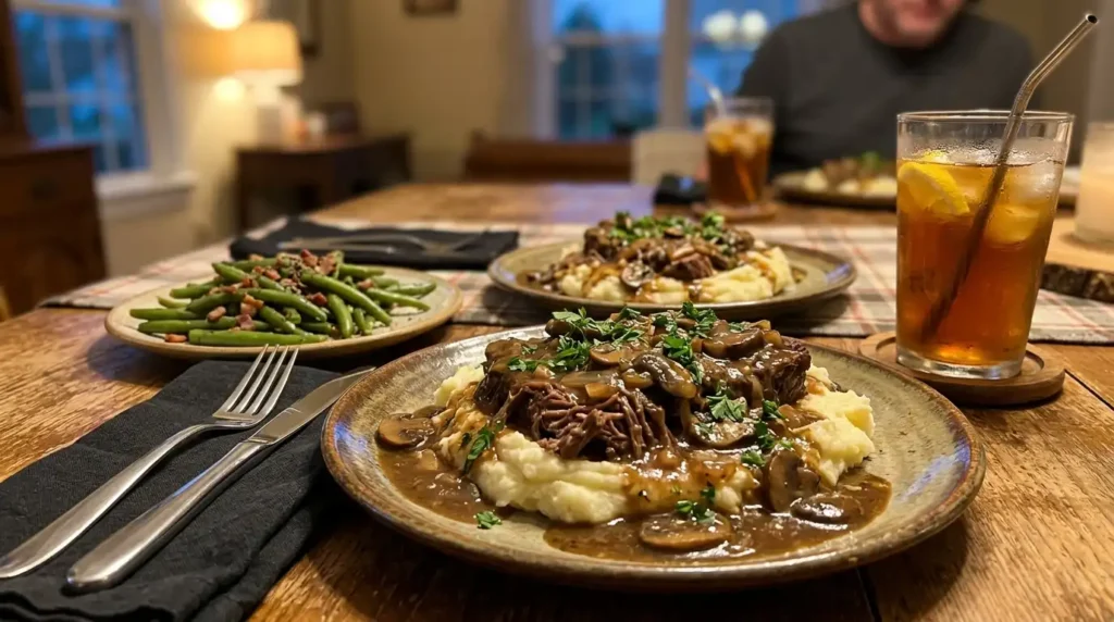 Crock-Pot cube steak and gravy served over creamy mashed potatoes with fresh parsley and a side of green beans
