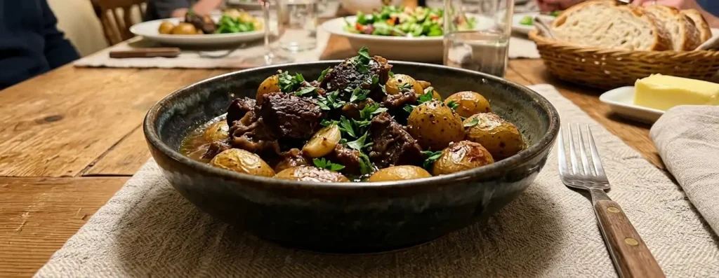 Crockpot steak bites served in a bowl with garlic butter sauce and fresh parsley garnish