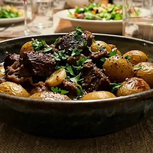 Crockpot steak bites served in a bowl with garlic butter sauce and fresh parsley garnish