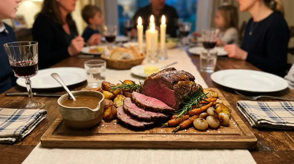 Carved cross rib roast served on a platter with roasted vegetables, au-jus gravy, and fresh herbs for Sunday dinner