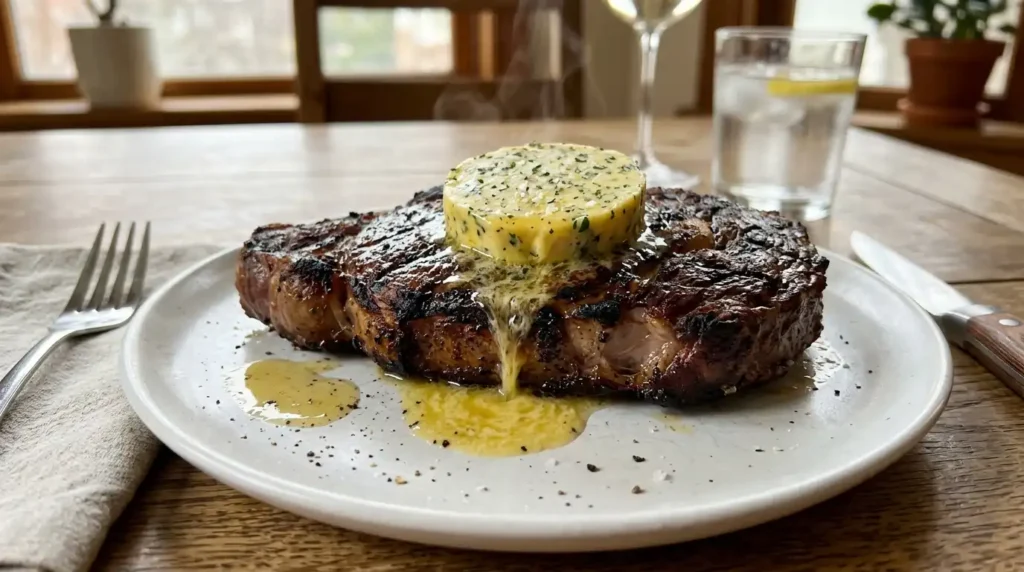 Herb butter for steak melting over a hot grilled steak