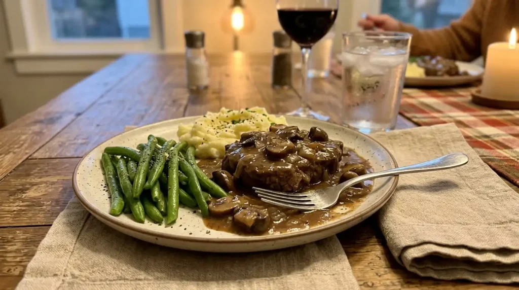 Served slow cooker cube steak with mashed potatoes and gravy on a dinner table