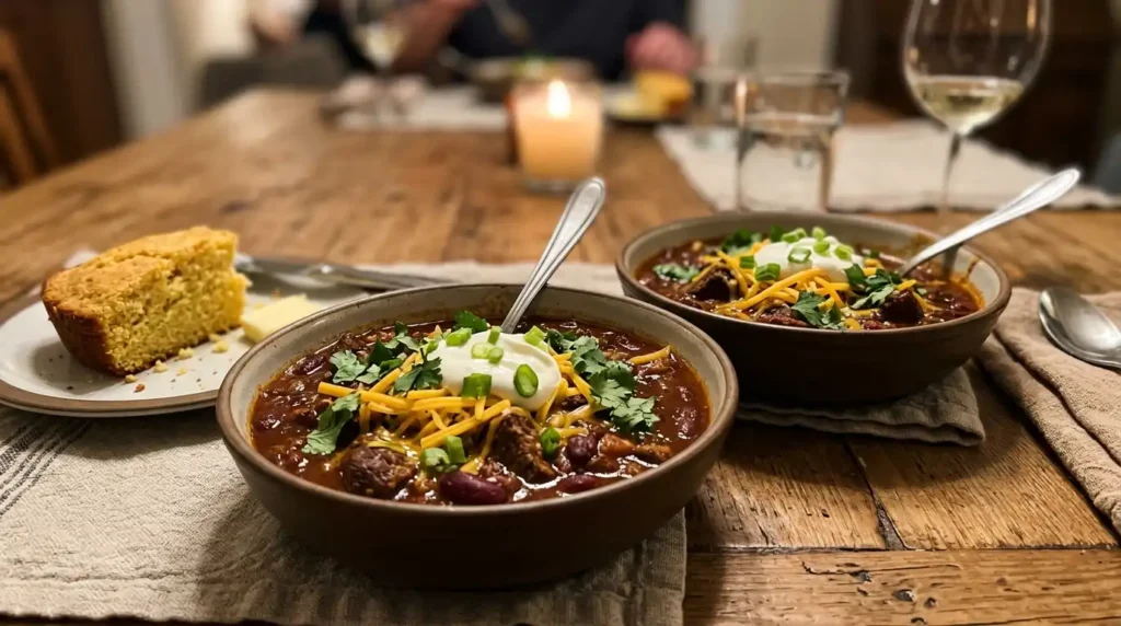 Steak chili served in bowls with shredded cheddar, sour cream, fresh cilantro, and cornbread on the side