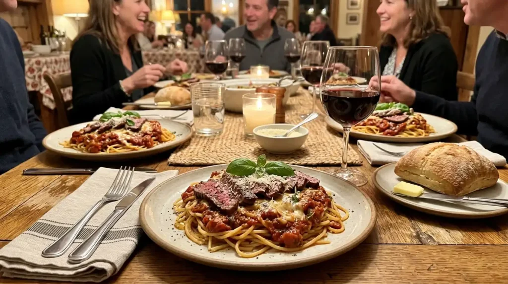 Steak pizzaiola served over spaghetti with fresh basil, grated Parmesan, and a glass of red wine