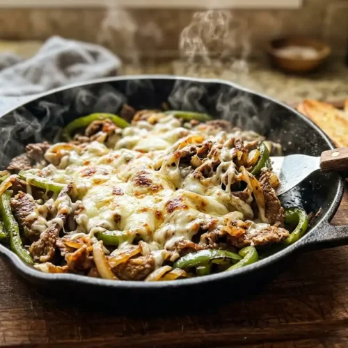 Shaved steak recipes — seared shaved beef with caramelized onions and melted cheese in a cast iron skillet