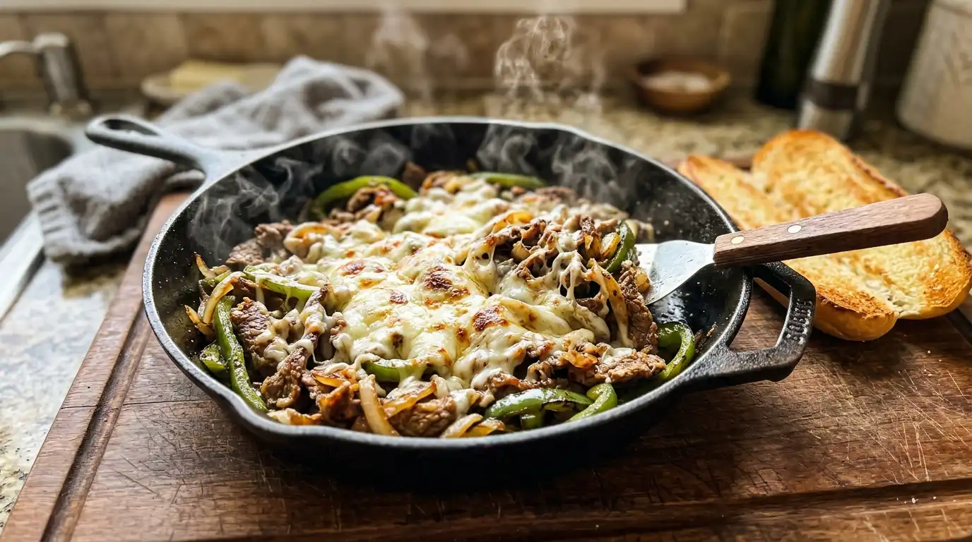 Shaved steak recipes — seared shaved beef with caramelized onions and melted cheese in a cast iron skillet