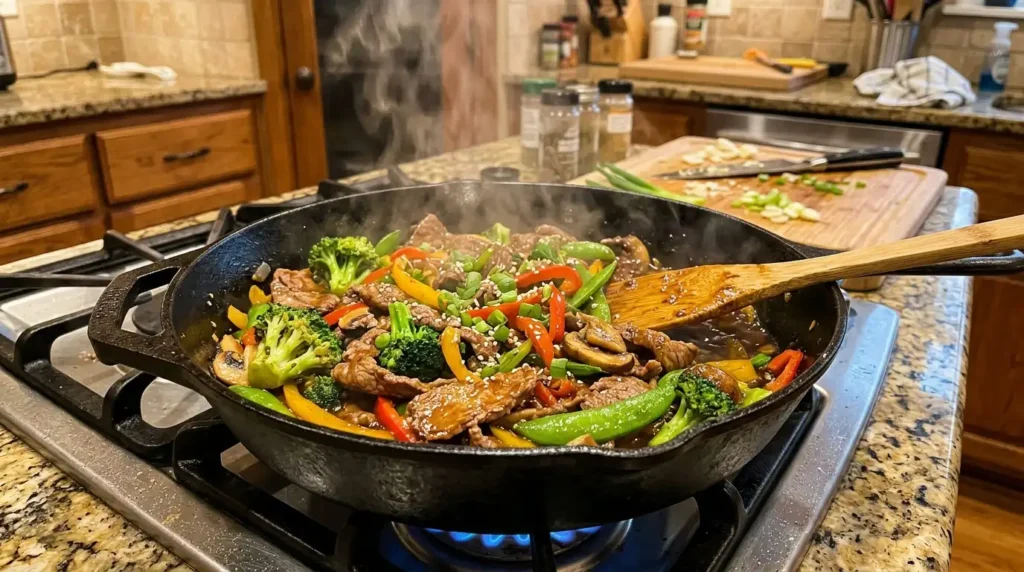 Shaved steak stir fry with broccoli, bell peppers, and soy garlic sauce in a skillet