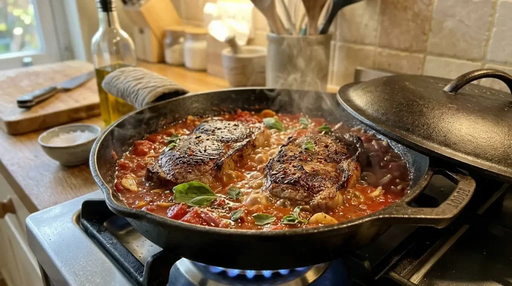 Steak pizzaiola simmering in rich Italian tomato sauce with garlic, basil, and oregano in a cast iron skillet