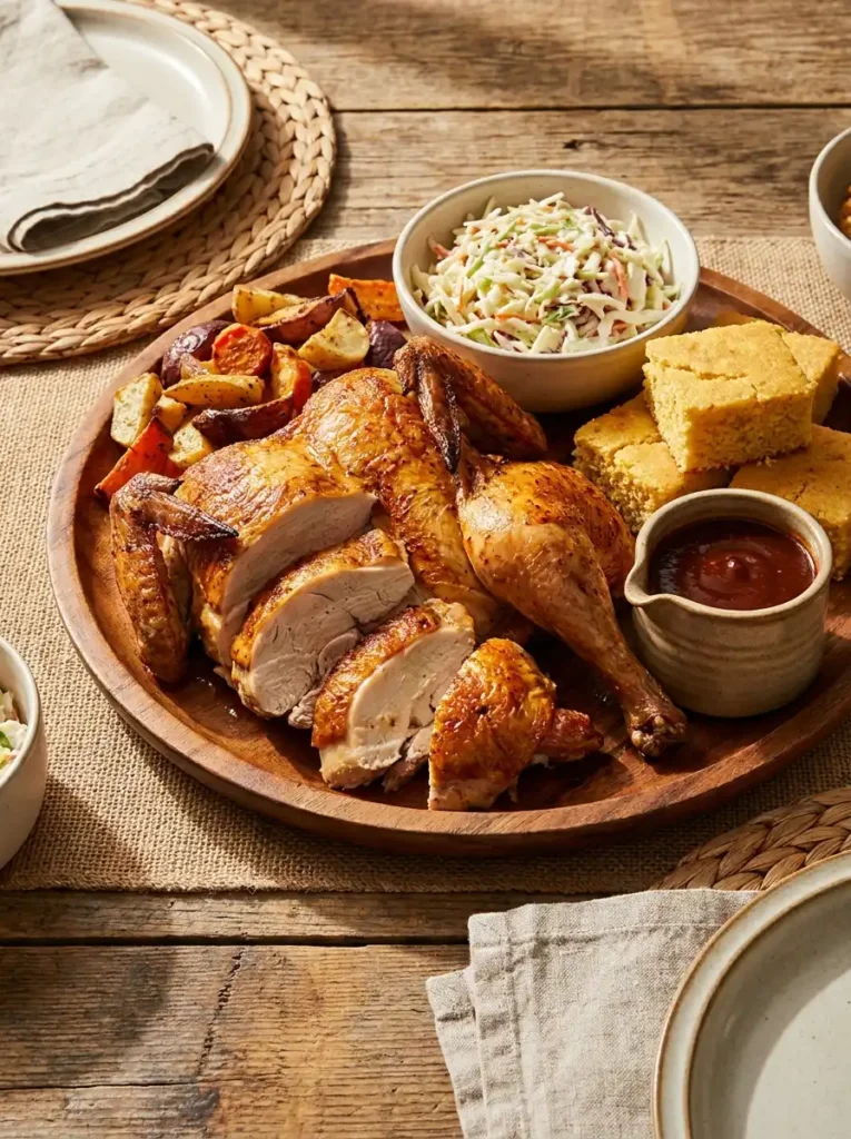 Sliced smoked whole chicken served with roasted vegetables and BBQ sides