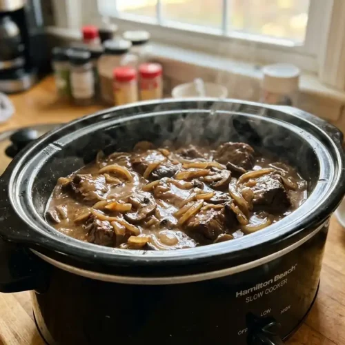 Slow cooker cube steak with rich gravy, onions, and mushrooms