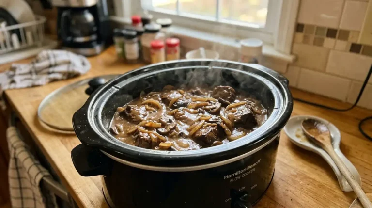 Slow cooker cube steak with rich gravy, onions, and mushrooms