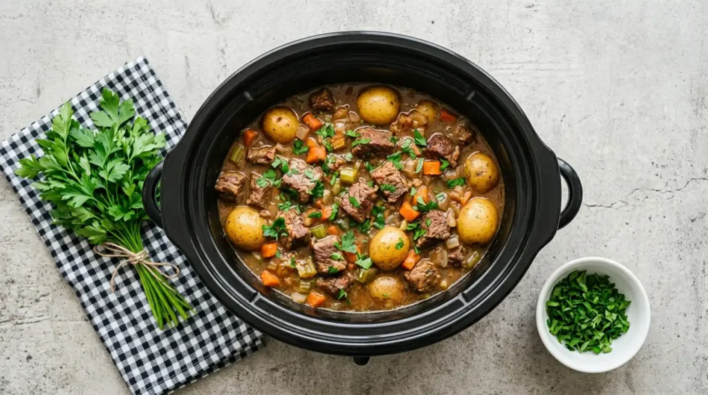 Crockpot steak bites and potatoes slow cooking in a crockpot on a kitchen counter