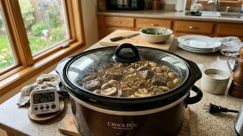 Crock pot cube steak and gravy slow cooking in a crockpot with the lid on
