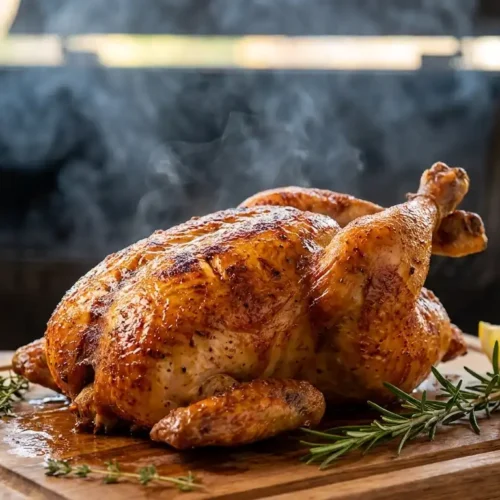 Smoked whole chicken with crispy skin served on a cutting board