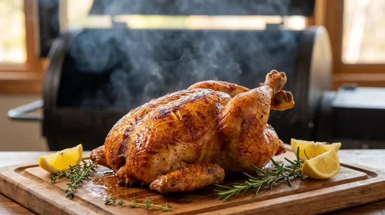 Smoked whole chicken with crispy skin served on a cutting board