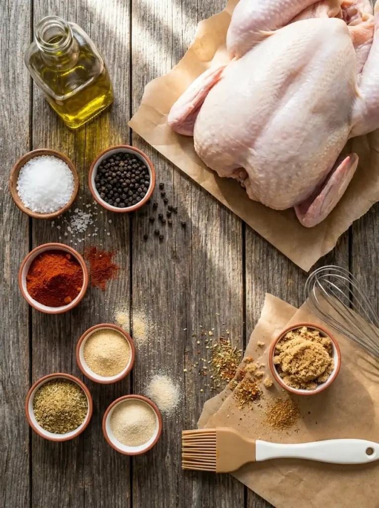 Ingredients for smoked whole chicken rub with paprika, garlic powder, salt, pepper, and olive oil