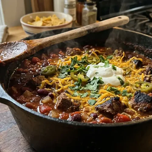 Steak chili recipe — hearty chunks of sirloin steak simmered in rich, smoky chili sauce with kidney beans and diced tomatoes