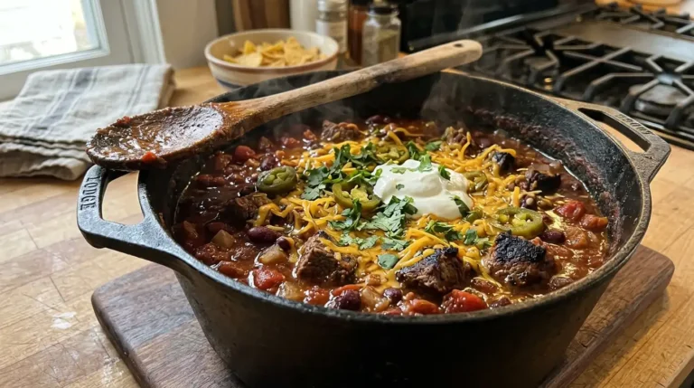 Steak chili recipe — hearty chunks of sirloin steak simmered in rich, smoky chili sauce with kidney beans and diced tomatoes