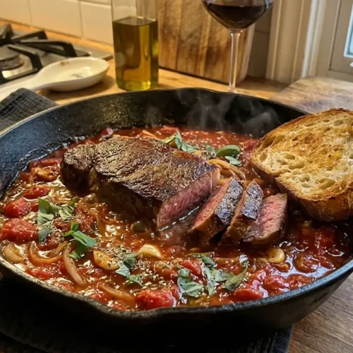 Steak pizzaiola recipe — tender beef simmered in rich Italian tomato sauce with garlic, basil, and oregano in a cast iron skillet