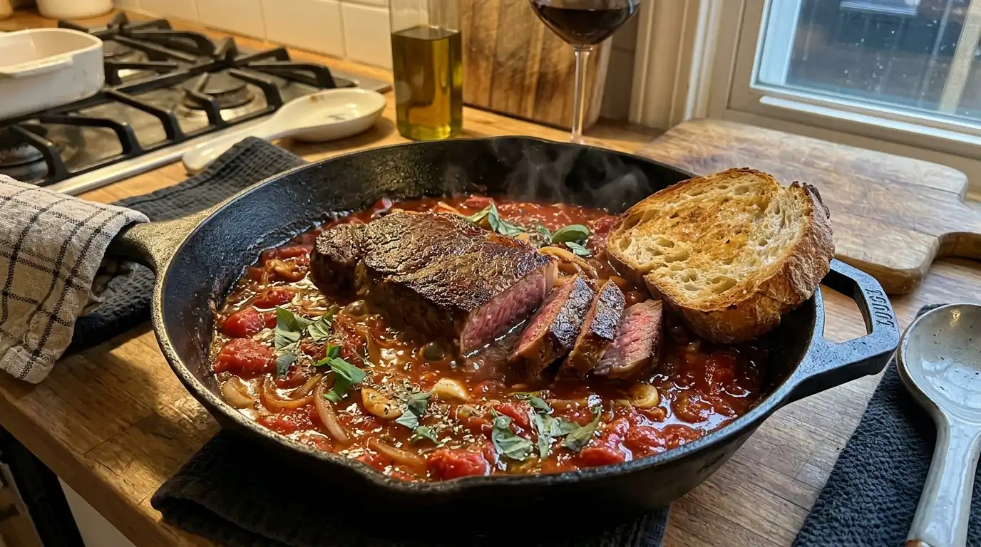 Steak pizzaiola recipe — tender beef simmered in rich Italian tomato sauce with garlic, basil, and oregano in a cast iron skillet