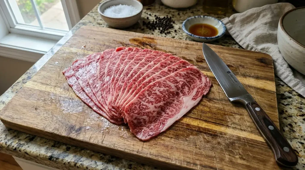 Thinly shaved raw beef steak slices on a wooden cutting board