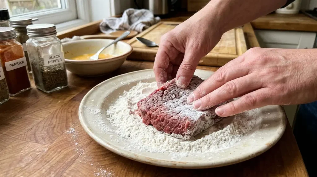 Dredging cube steaks in seasoned flour for a smothered steak recipe