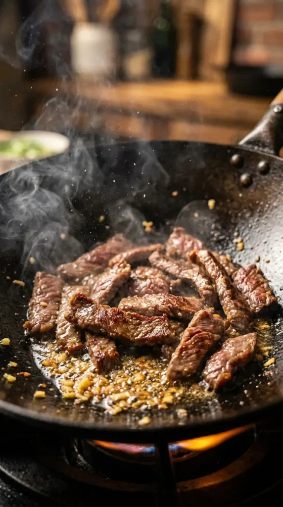 Mongolian beef recipe : Searing beef strips in a wok for Mongolian Beef