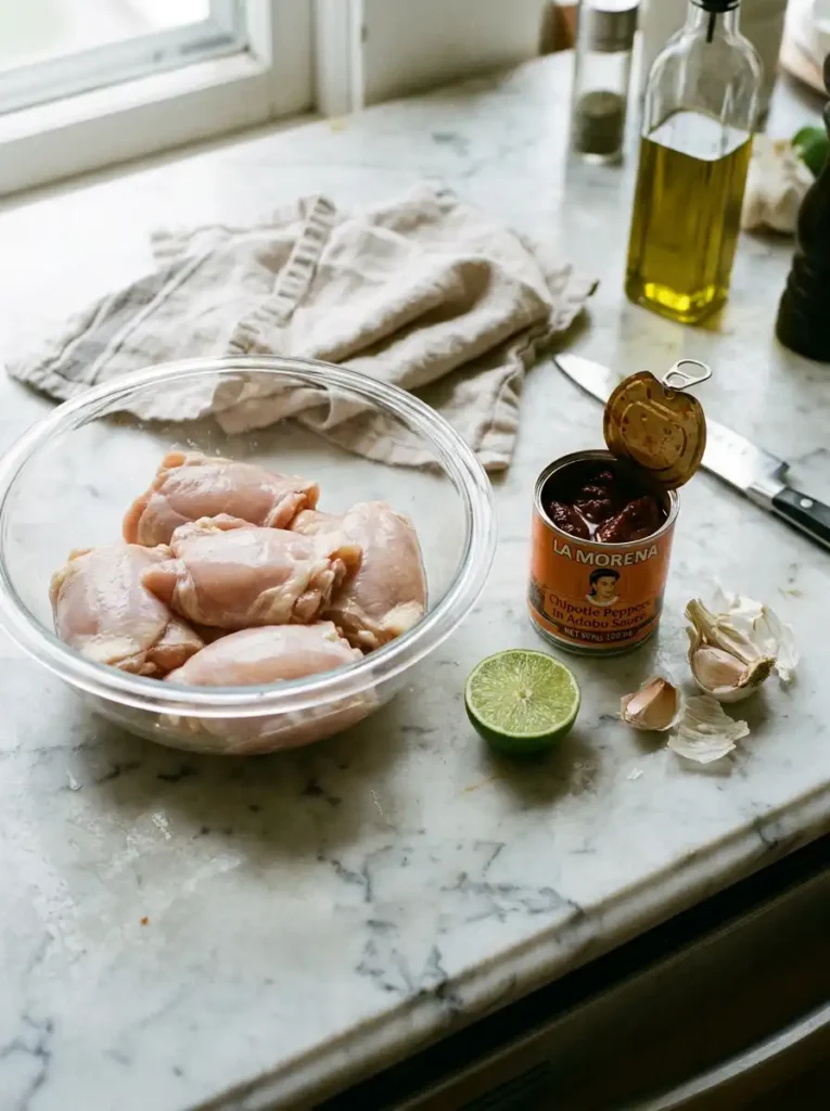 Raw chicken thighs and ingredients for chipotle marinade laid out on a kitchen counter.