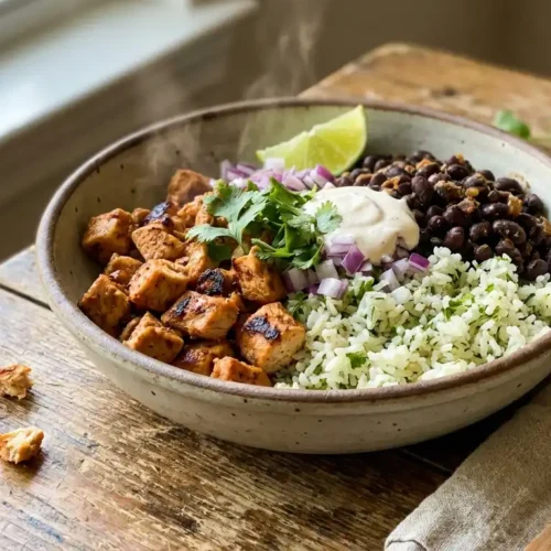 The best copycat chipotle chicken recipe: a realistic homemade bowl of charred chipotle chicken served over rice with black beans and avocado.