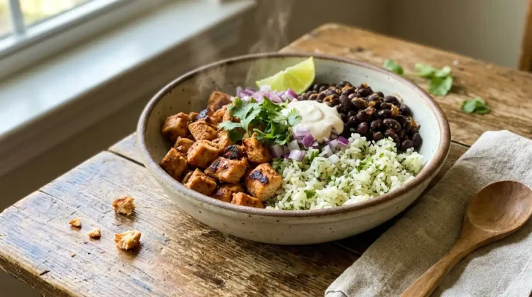 The best copycat chipotle chicken recipe: a realistic homemade bowl of charred chipotle chicken served over rice with black beans and avocado.
