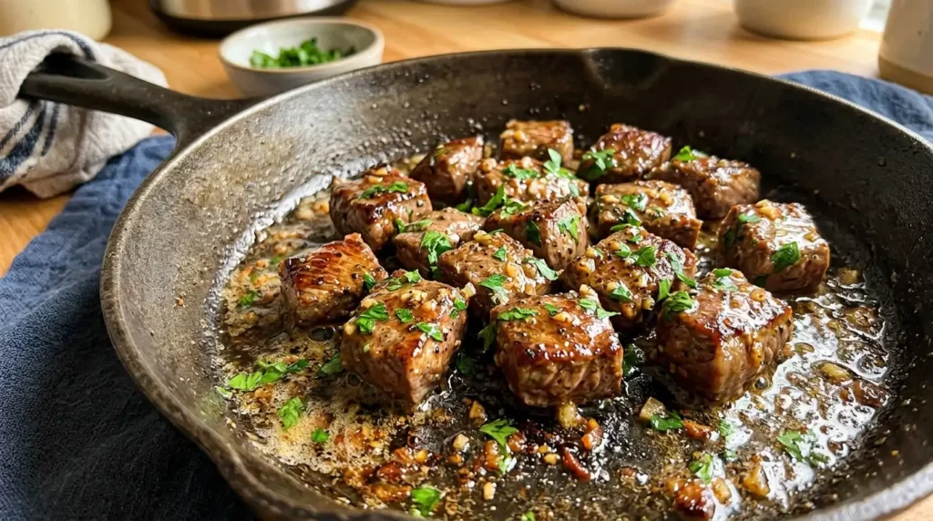  Garlic butter sauce coating steak bites in a skillet