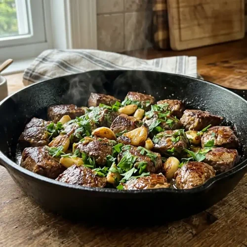 Garlic butter steak bites in a cast iron skillet with fresh parsley and garlic cloves