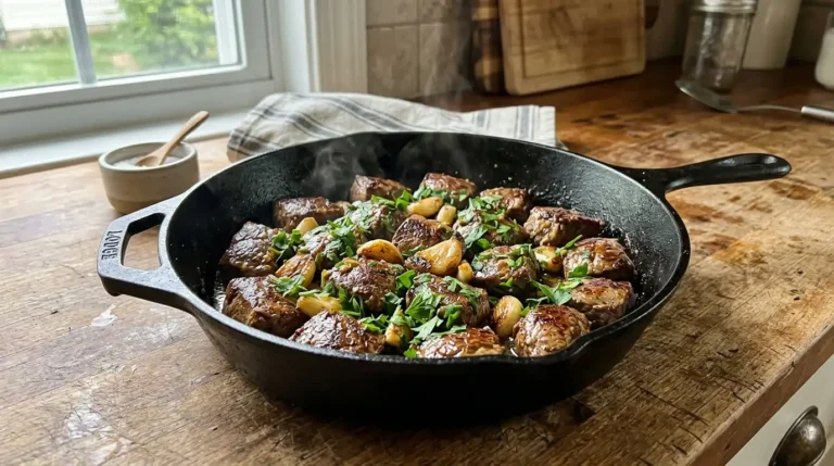 Garlic butter steak bites in a cast iron skillet with fresh parsley and garlic cloves