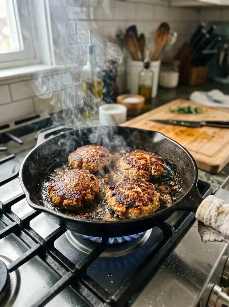 Ground chicken burger patties searing in a hot skillet with visible browning.