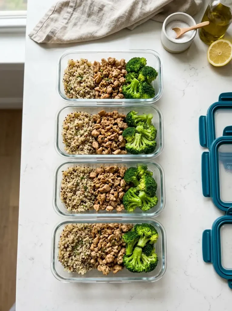  Four glass containers filled with ground chicken, steamed vegetables, and quinoa for weekly meal prep.