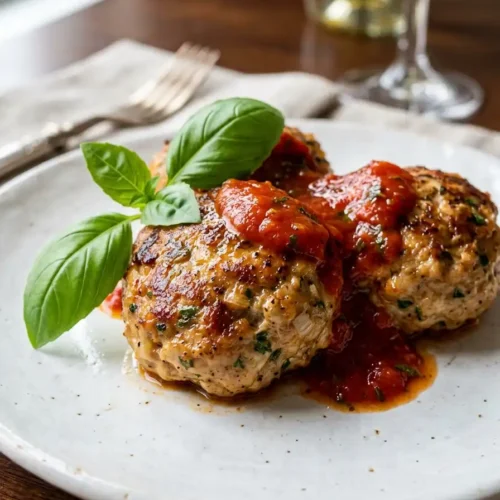 Golden brown ground chicken meatballs served with a side of tomato sauce and fresh basil.