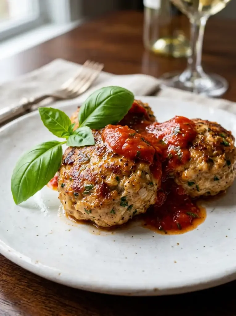 Golden brown ground chicken meatballs served with a side of tomato sauce and fresh basil.
