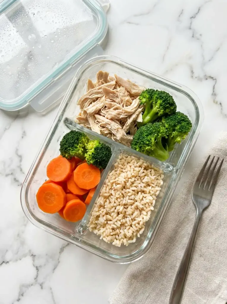 A healthy meal prep bowl with shredded chicken, brown rice, steamed broccoli, and avocado slices.