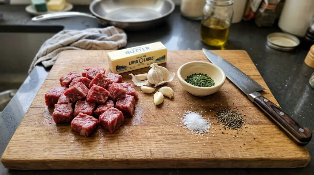 Ingredients for garlic butter steak bites including raw sirloin cubes, butter, garlic, and spices on a cutting board