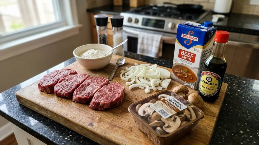 Ingredients for smothered cube steak including raw meat, onions, mushrooms, broth, and spices