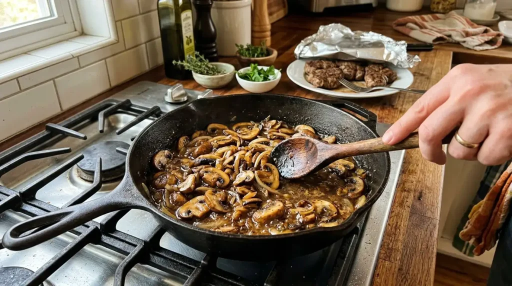 Sautéing onions and mushrooms for smothered cube steak gravy