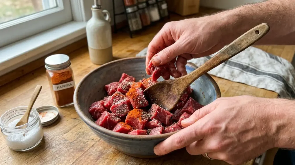 Seasoning raw beef cubes with salt, pepper, and paprika in a bowl